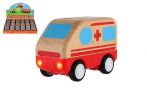 Auto ambulance dřevo 11cm na setrvačník na baterie se světlem, zvukem 18m+