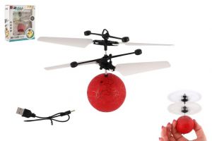 Vrtulníková koule létající plast 13x11cm svítící reagující na pohyb ruky,USB kabelem červe