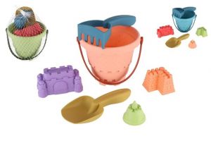Sada na písek plast kbelík, lopatka, hrabičky, 3 formičky 3 barvy v síťce