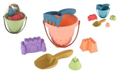 Sada na písek plast kbelík, lopatka, hrabičky, 3 formičky 3 barvy v síťce