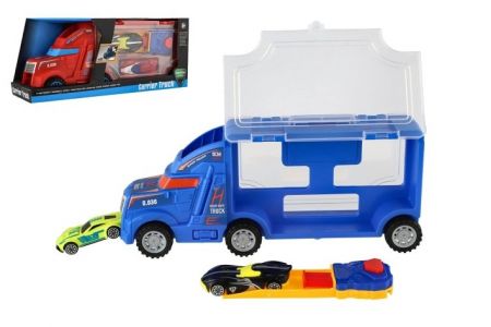 Auto kamion přepravník + auto 2ks plast 28cm na volný běh 2 barvy v krabici 29x12x8cm