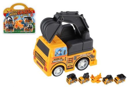 Stavební stroj mini 4ks+letadlo plast 5-7cm na zpětné natažení v blistru 23x22cm