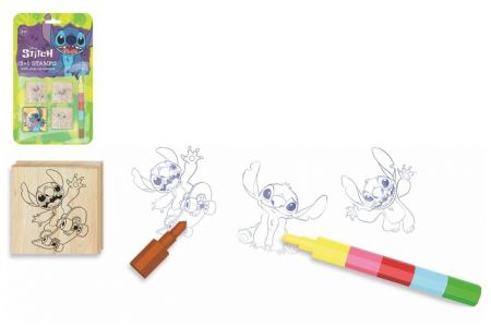 Razítka 3+1 s poduškou dřevěná 4,5x4,5cm s voskovkou Lilo &amp; Stitch na kartě 17x28cm