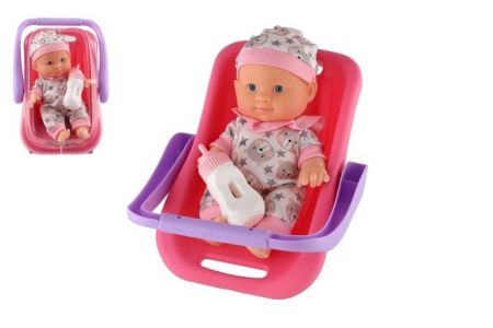 Panenka miminko plast 22cm pevné tělo v nosítku/autosedačce s lahvičkou 2 barvy v blistru