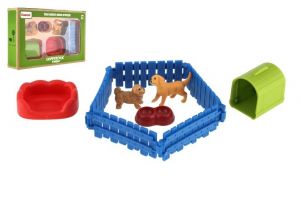 Pejskové/Pes 2ks s plotem plast s doplňky v krabici 23x14,5x4,5cm