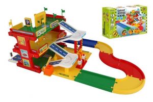 Garáž servis 3 patra + dráha 1,5m + 2 auta plast v krabici 59x40x15cm Wader