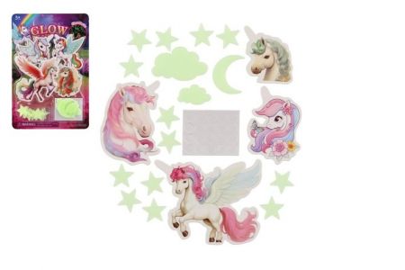Jednorožci na zeď/stop svítící ve tmě papír/plast 2 druhy na kartě