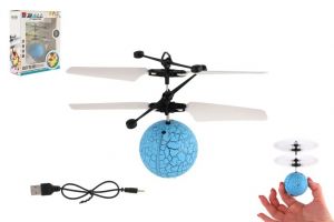 Vrtulníková koule létající plast 13x11cm svítící reagující na pohyb ruky, USB kabelem modr