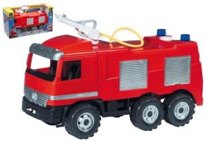 Mercedes auto hasiči plast 60cm stříkací vodu nádržka 1,6l v krabici 68x38x27cm