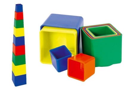 Kubus pyramida skládanka hranatá plast 4 barvy 9ks v sáčku 9x9x9cm 12m+