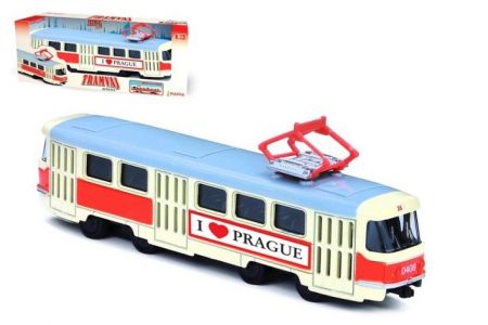 Tramvaj Tatra T3 česká kovová 16cm I LOVE PRAGUE retro na zpětný chod v krabičce 20x8x6cm