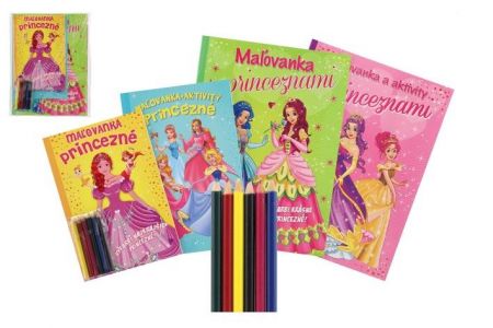 Omalovánky+aktivity/Maľovanky+aktivity Princezny/princezné 4ks +pastelky CZ+SK verze v sáč