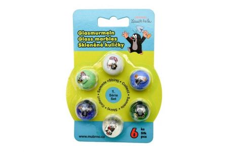 Kuličky 6ks skleněné cvrnkací Krtek na kartě 12x16,5cm