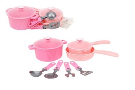 Sada nádobí s doplňky plast růžová v síťce 20x30x10cm 18m+