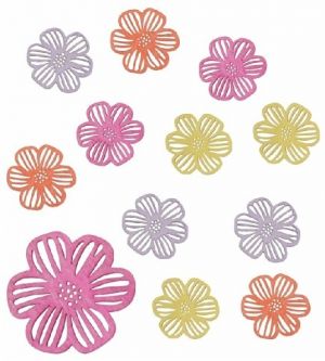 Květiny dřevěné mix čtyř barev 2,5 x 2,5 x 0,3 cm, 12 ks v sáčku