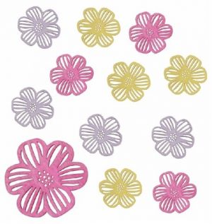 Květiny dřevěné mix tří barev 4 x 4 x 0,3 cm, 12 ks v sáčku