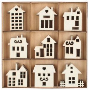 Sada dřevěných dekorací Domy 3,5 x 3 x 0,2 cm, 54 ks