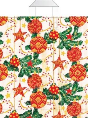 Taška vánoční s uchy 46 x 39 červenozlaté hvězdy a ozdoby