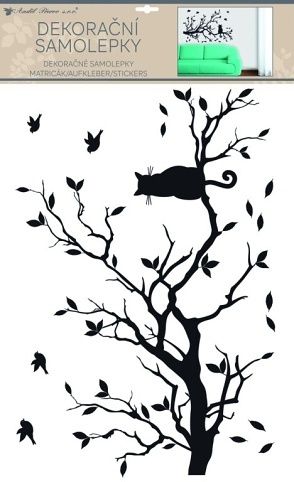 Samolepka na zeď černá větev s kočkou 42 x 60 cm /15501