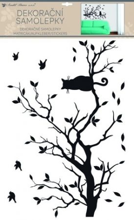 Samolepka na zeď černá větev s kočkou 42 x 60 cm /15501