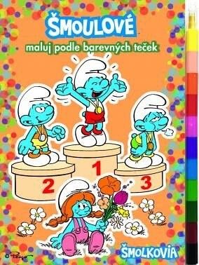 Omalovánky maluj podle barevných teček - Šmoulové