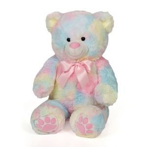 Plyšový medvěd sedící duhový s růžovou mašlí 60 cm