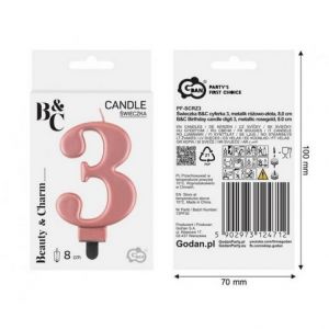 Svíčka dortová - číslice 3, metalická, růžová 8cm