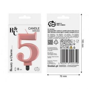 Svíčka dortová - číslice 5, metalická, růžová 8cm