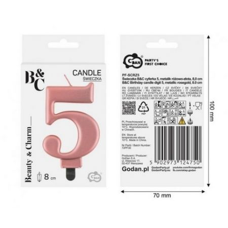 Svíčka dortová - číslice 5, metalická, růžová 8cm