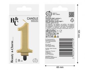 Svíčka dortová - číslice 1, metalická, zlatá 8cm