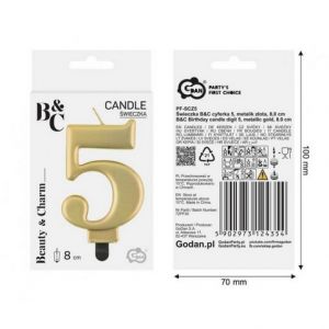 Svíčka dortová - číslice 5, metalická, zlatá 8cm