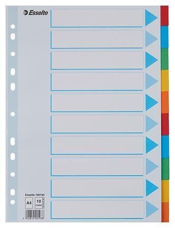 Rejstříky "Standard", popisovatelná titulní str., mix barev, karton, A4, 10 dílů, ESSELTE