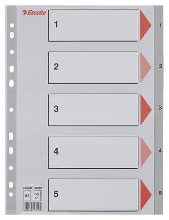 Rejstříky, šedá, A4, plast, 1-5, ESSELTE