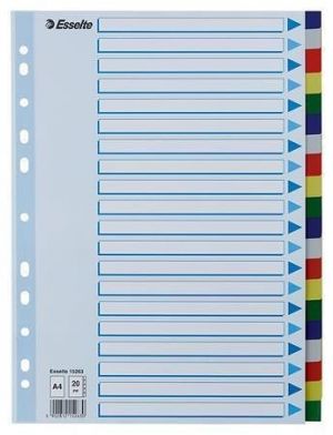 Barevné rozlišovače, mix barev, A4, plast, 20 dílů, ESSELTE