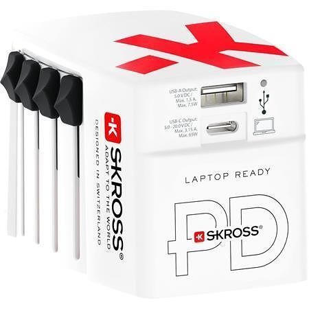 Cestovní adaptér, bílá, 1x USB-A / 1x USB-C PD, 65W, kabel USB-C, SKROSS 1.302333