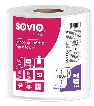 Papírové utěrky, bílá, 2-vrstvé, 100 m, průměr 20 cm, 1 role, SOVIO PP20963