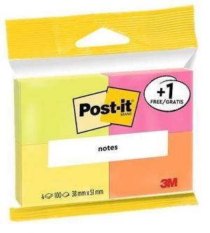 Samolepicí bloček, neon 38x51 mm, 4x100 listů, 3M POSTIT