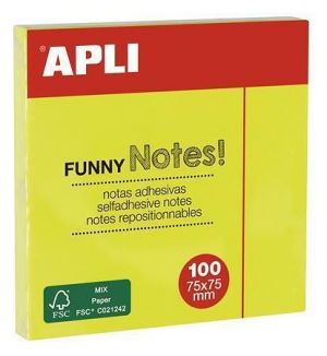Samolepící bloček, 75x75 mm, 100 lístků, APLI, zářivě žlutý