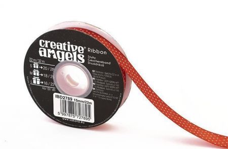 Saténová stuha, červená s bílými puntíky, 15 mm x 22 m, IBD2789