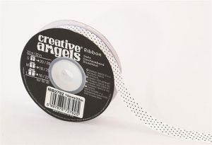 Saténová stuha, bílá s černými puntíky, 15 mm x 22 m, IBB2792