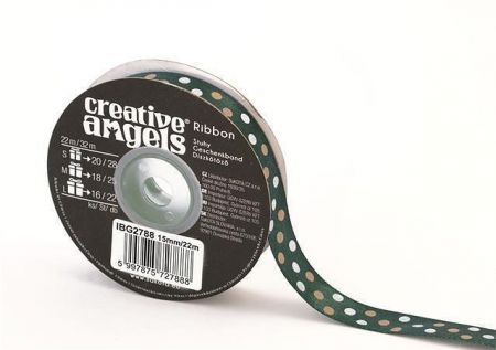 Saténová stuha, tmavě zelená s puntíky, 15 mm x 22 m, IBG2788