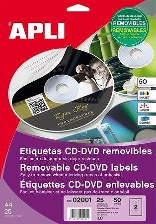 Etikety na CD/DVD, matné, A4, snímatelné, APLI