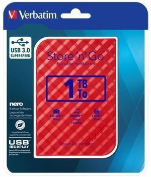 2,5" HDD (hard-drive), 1TB, USB 3.0, VERBATIM "Store 'n' Go, červená