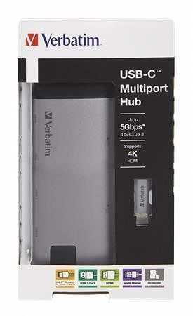 USB-HUB a ethernetový síťový adaptér, microSD, 4 porty, USB 3.0, USB-C, HDMI, VERBATIM