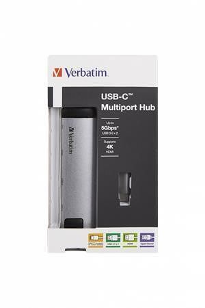 USB-HUB a ethernetový síťový adaptér, 4 porty, USB 3.0, USB-C, HDMI, VERBATIM