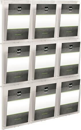 Držák na katalogy, nástěnný, A4, 9 oddílů, HELIT "Placativ", trasparentní