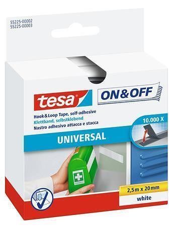 Samolepicí pás pro univerzání použití "On&amp;Off 55225", bílá, suchý zip, 20 mm x 2,5 m, TESA
