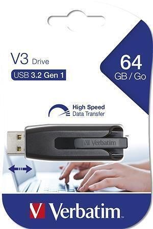 USB flash disk "V3", černá-šedá, 64GB, USB 3.0, 60/12MB/sec, VERBATIM