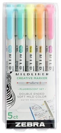 Sada zvýrazňovačů "Mildliner Fluorescent", 5 barev, 1,0 / 3,5 mm, oboustranný, ZEBRA 8105