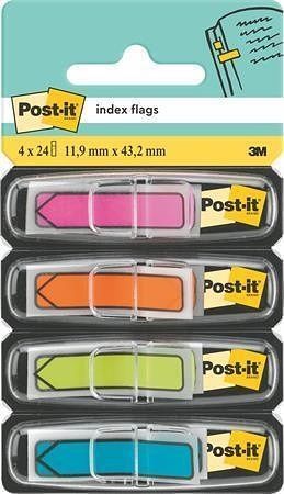 Záložky se zásobníkem, mix neonových barev, 12x43 mm, 4x24 listů, tvar šipky, 3M POSTIT